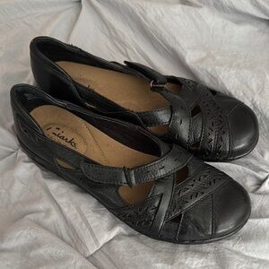 Clarks Black Cutout Leather Flats Loafers